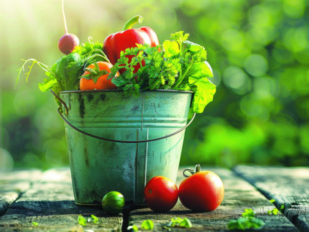 A grass green bucket filled with fresh garden vegetables sits on a wooden table in a rustic outdoor setting. The vibrant colors of the produce pop against the natural backdrop.の素材
