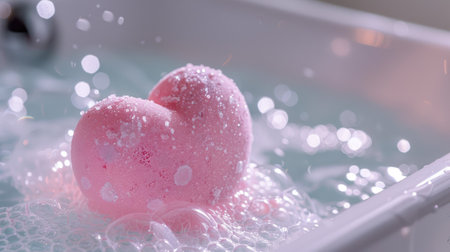 A pink love heart-shaped bath bomb fizzing in a white bathtub filled with water, with bubbles around it.の素材