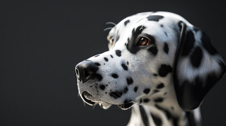 A close-up of a Dalmatian's unique black and white spotted coat, with its head tilted in curiosity.の素材
