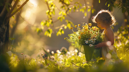 A child plays joyfully in a garden, holding a grass green bucket filled with colorful wildflowers. The sunlight filters through the trees, casting a warm glow.の素材