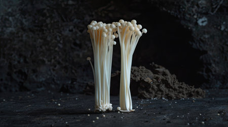 A pair of delicate enoki mushrooms standing tall against a dark, moody background.の素材