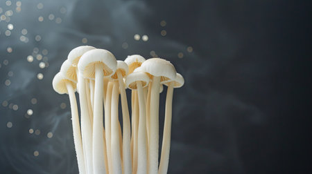 A pair of delicate enoki mushrooms standing tall against a dark, moody background.の素材
