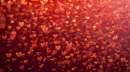 A red background with a pattern of tiny, golden hearts, ideal for a romantic and whimsical design.の素材