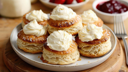 A plate of freshly baked scones with clotted cream and jam on the side.の素材