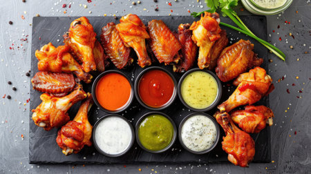 A platter of crispy chicken wings with a variety of dipping sauces on the side.の素材