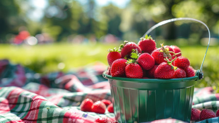 A grass green bucket packed with plump, ripe berries is placed on a picnic blanket, with a scenic park in the background.の素材