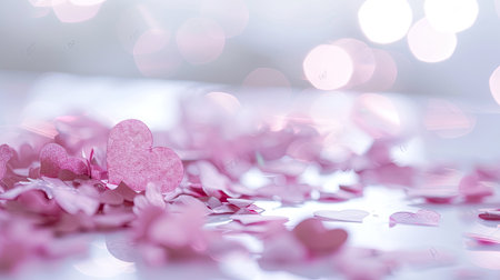 A pink love heart-shaped confetti scatter across a white tabletop, with a bokeh effect in the background.の素材