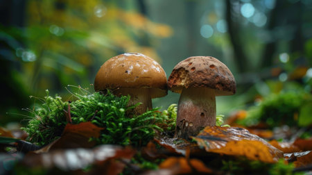 A pair of porcini mushrooms emerging from the forest floor, surrounded by green moss and leaves.の素材