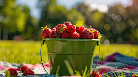 A grass green bucket packed with plump, ripe berries is placed on a picnic blanket, with a scenic park in the background.の素材