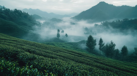 Top view of a green tea plantation surrounded by misty mountains, creating a serene and tranquil atmosphereの素材