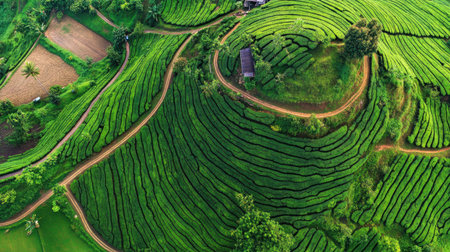 Top view of a green tea plantation with a scenic lookout point offering a panoramic view of the lush landscapeの素材