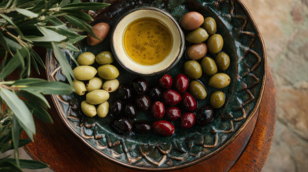 A top view of an elegant olive dish set, featuring different types of olives and a dipping bowlの素材
