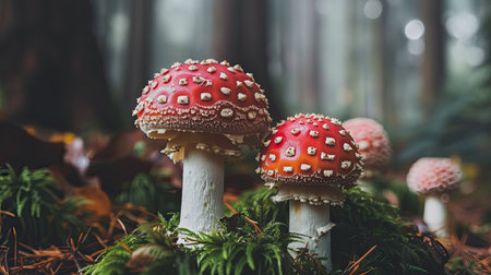 A close-up of vibrant red and white Amanita muscaria mushrooms growing in a lush forest.の素材