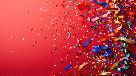 A bright red background with playful, colorful confetti and streamers, perfect for a festive celebration.の素材