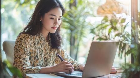 Asian woman entrepreneur typing on laptop, writing in notebook, focused on work in cozy home office.の素材
