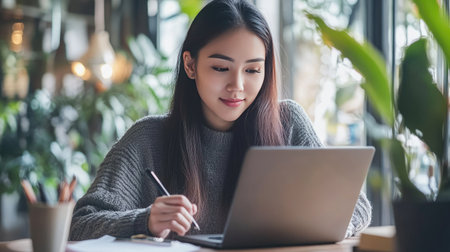 Asian woman working remotely, using laptop and jotting down notes.の素材