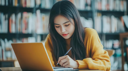 Asian woman studying online, using laptop and writing important points in notebook.の素材