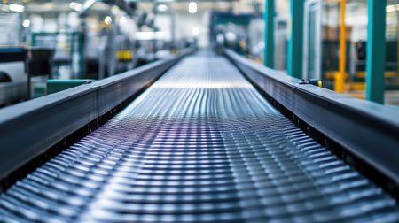 Clean and empty conveyor belt in a state-of-the-art factory setting, showcasing precision engineering.の素材