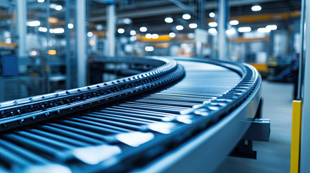 Clean and sleek conveyor belt system in a factory, showcasing precision and technology.の素材