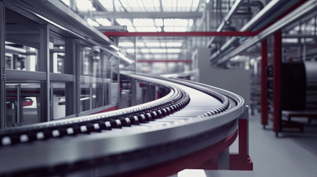 Clean, empty conveyor belt system in a factory, surrounded by modern machinery.の素材