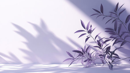 Clean and minimalist backdrop with white and purple tones, leaf shadows providing a serene ambiance.の素材
