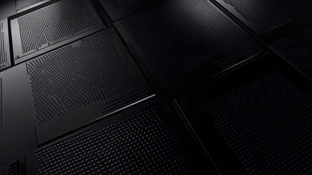 Dark 3D black background with metallic accents and reflective surfaces, suitable for modern and industrial concepts.の素材