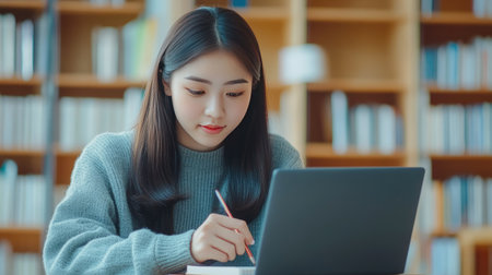E-learning student, Asian woman studying on laptop, taking notes in notebook.の素材