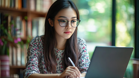 E-learning student, Asian woman studying on laptop, taking notes in notebook.の素材