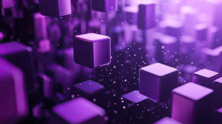 Dynamic 3D purple background with geometric patterns and subtle light reflections.の素材