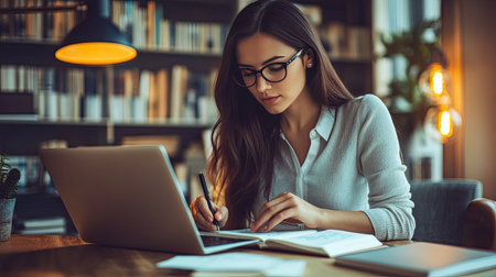 Freelancer woman working remotely on laptop, writing important points in notebook.の素材