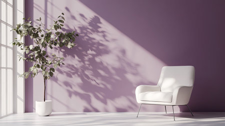 Elegant white and purple wall interior, featuring soft leaf shadows for a chic and modern studio setting.の素材
