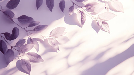 Elegant white and purple background with leaf shadows, creating a serene studio setting for showcasing products.の素材