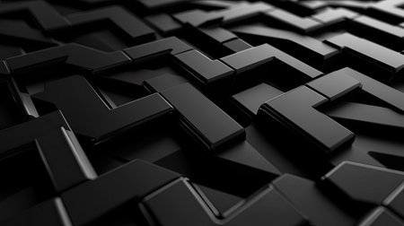 Geometric 3D black background with interlocking shapes and glossy finishes, suitable for modern and stylish designs.の素材