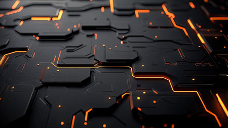 Futuristic 3D black background with abstract shapes and neon accents, ideal for cutting-edge and innovative themes.の素材