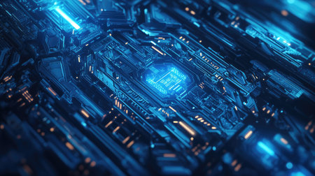 High-tech 3D blue background with glowing accents and futuristic elements, perfect for technology-themed visuals.の素材