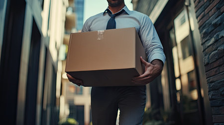 A businessman carrying a box of personal belongings, close-up on his hands as he exits the office after a layoff.の素材