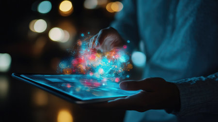 A business professional using a tablet with holographic data visualizations, representing big data analytics and digital transformation in the smart industryの素材
