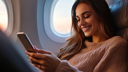 A beautiful woman smiles as she scrolls through her phone, sitting comfortably in an airplane seat, with a beautiful view outsideの素材