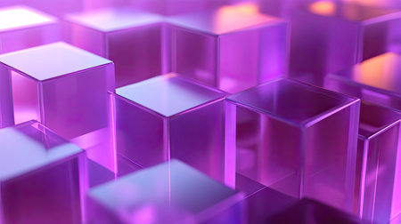 3D purple background featuring stacked, translucent cubes with a gradient glow.の素材