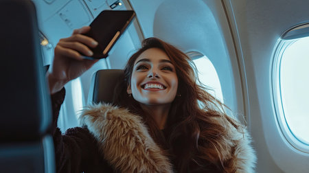 A beautiful woman in an airplane, smiling and taking a selfie with her smartphone, capturing the excitement of her journeyの素材