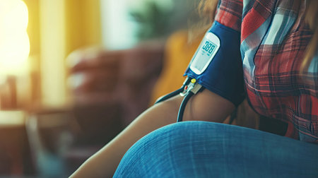 A closeup of a sphygmomanometer cuff squeezing a woman's arm, with a focus on the display showing her blood pressure.の素材