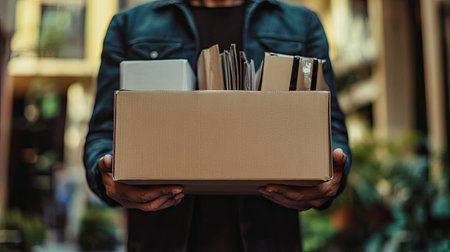 A close-up of a businessman's hands holding a box filled with belongings, capturing the essence of a layoff.の素材
