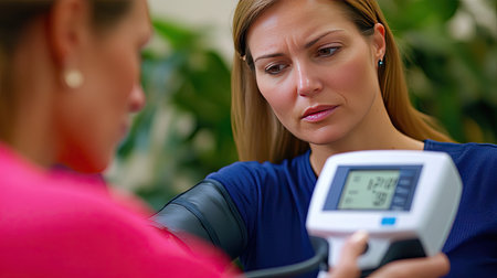A caucasian woman has her blood pressure checked, with a closeup of the electronic cuff and monitor display.の素材