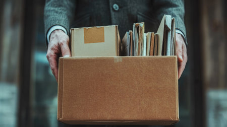 A close-up of a businessman's hands holding a box filled with belongings, capturing the essence of a layoff.の素材
