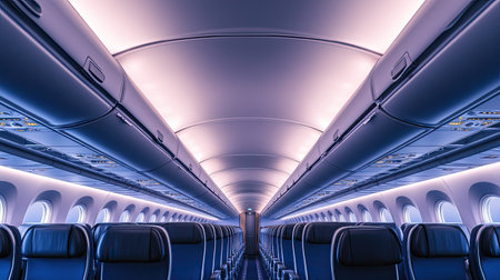 A panoramic view of an empty airplane cabin, highlighting the seat rows and overhead compartmentsの素材