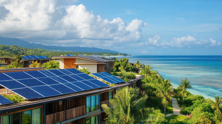 A hotel rooftop lined with solar panels, promoting sustainable living on a tropical island.の素材