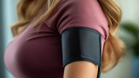 A closeup of a woman's arm with a sphygmomanometer cuff inflating, highlighting the electronic monitor.の素材