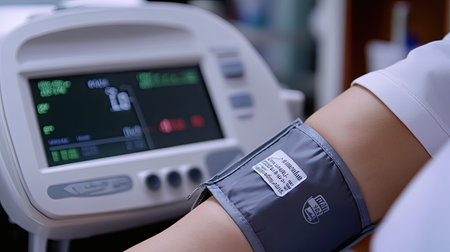 A closeup of an inflating blood pressure cuff on a woman's arm, capturing the process and monitor readings.の素材