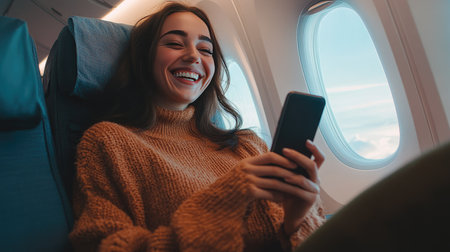 A joyful woman, sitting comfortably in her airplane seat, video chatting on her phone, with a bright and happy smileの素材