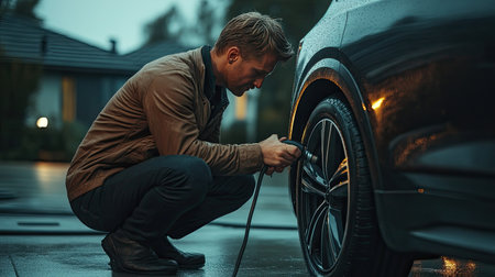 A man kneeling by his car, attaching an air hose to the tire valve to inflate the tire.の素材